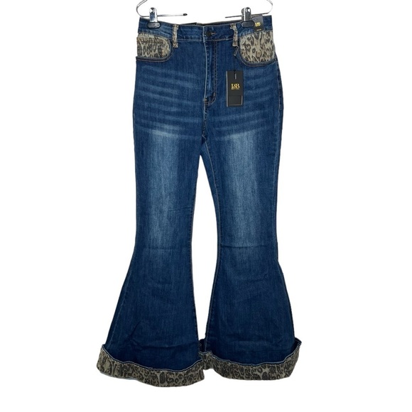 Lucky & Blessed Women’s Leopard Cuffed Denim Flare Jeans - Picture 2 of 13